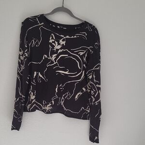 Maeve Black and Cream Cat Print Long Sleeve Top
